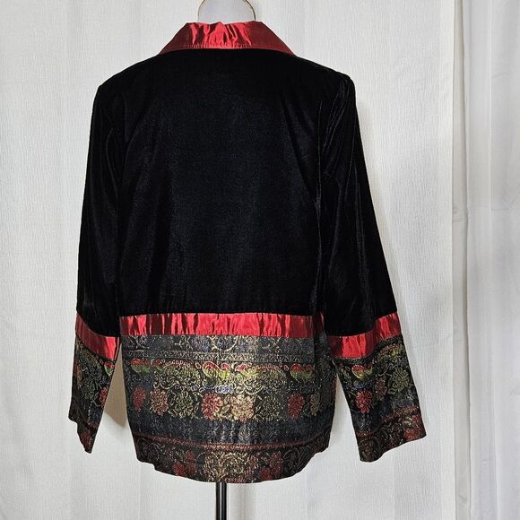 Coldwater Creek Black Velvet Gold Metallic Tapestry Button Front Jacket Blouse - Picture 2 of 10